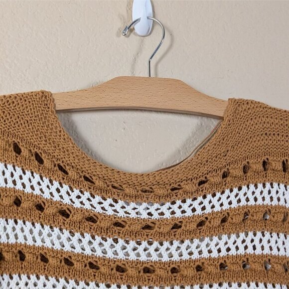 Lou & Grey for Loft Open Knit Crochet Sweater Striped Fringe Western M - Picture 3 of 7